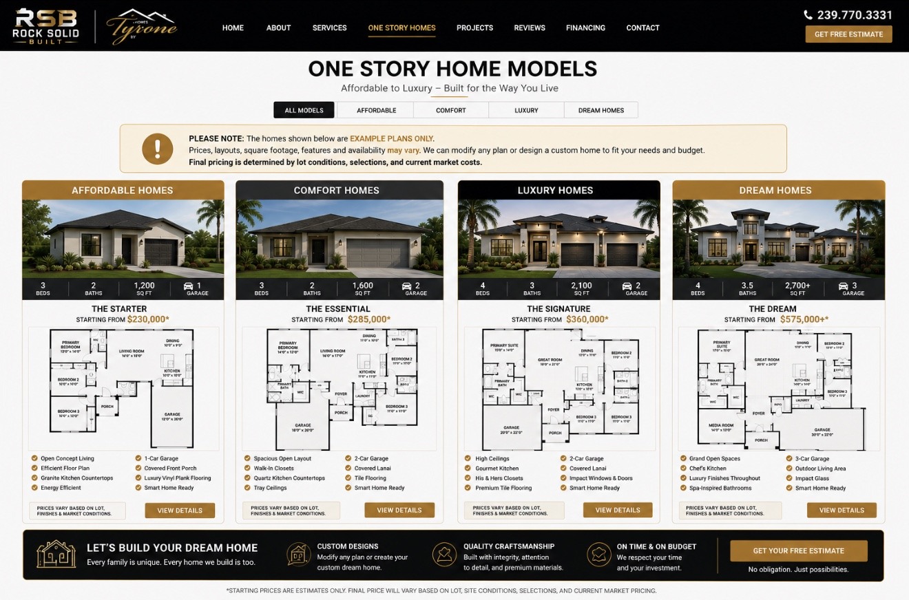 One story home model options